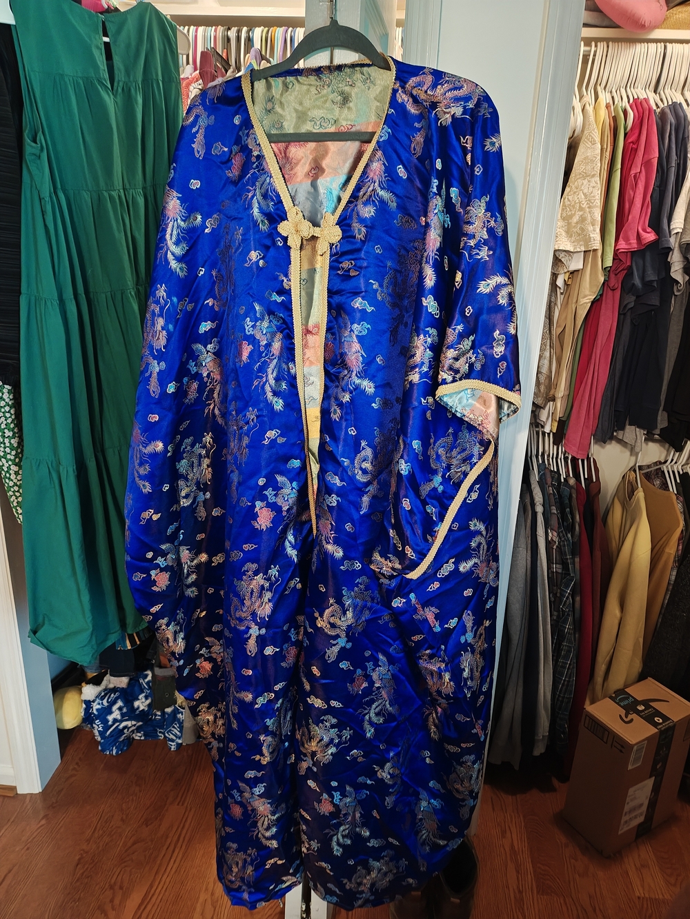 Blue Embroidered Satin Kimono Robe